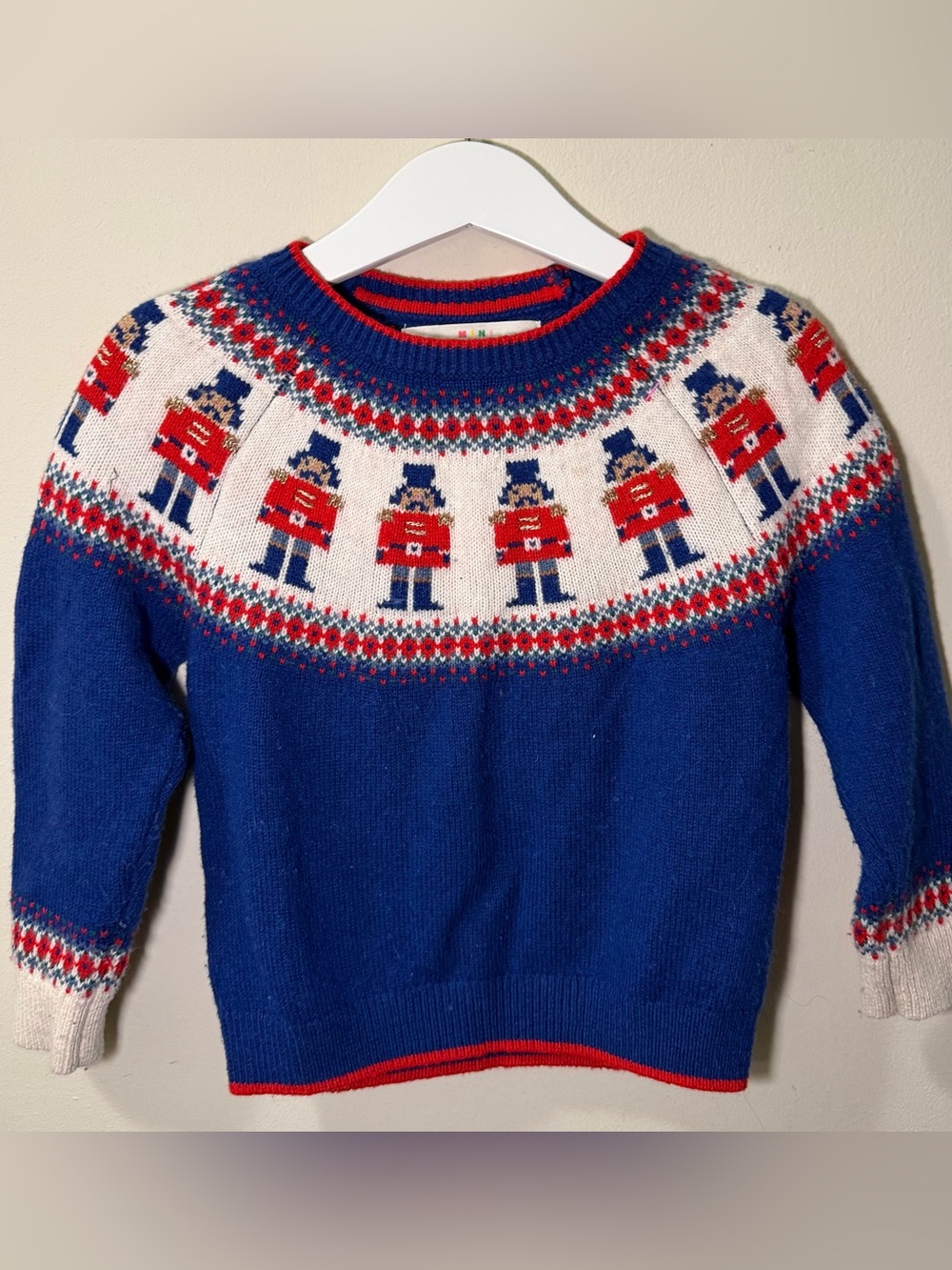 Mini Boden Blue Nutcracker Motif Crewneck Sweater with Red & White Accents